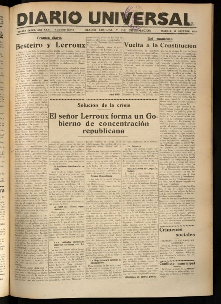 Miniatura de Diario Universal del 12 de septiembre de 1933