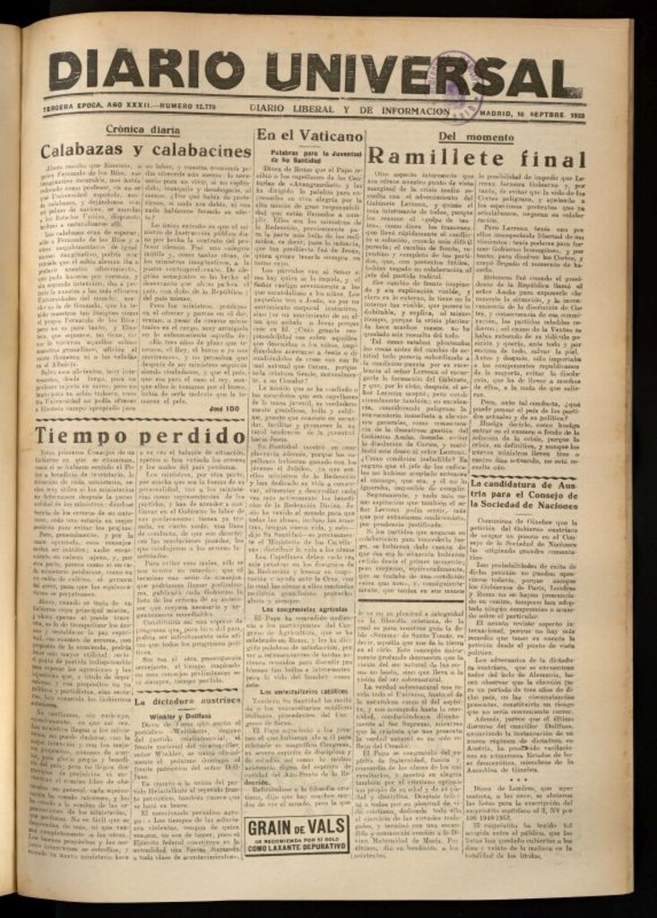 Miniatura de Diario Universal del 16 de septiembre de 1933