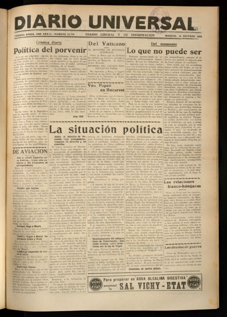Miniatura de Diario Universal del 18 de septiembre de 1933