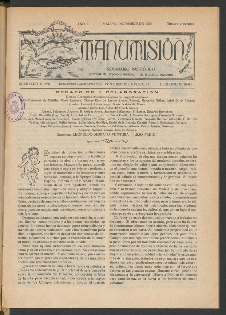 Miniatura de Manumisión : semanario patriótico portavoz del progreso nacional y de la cultura moderna