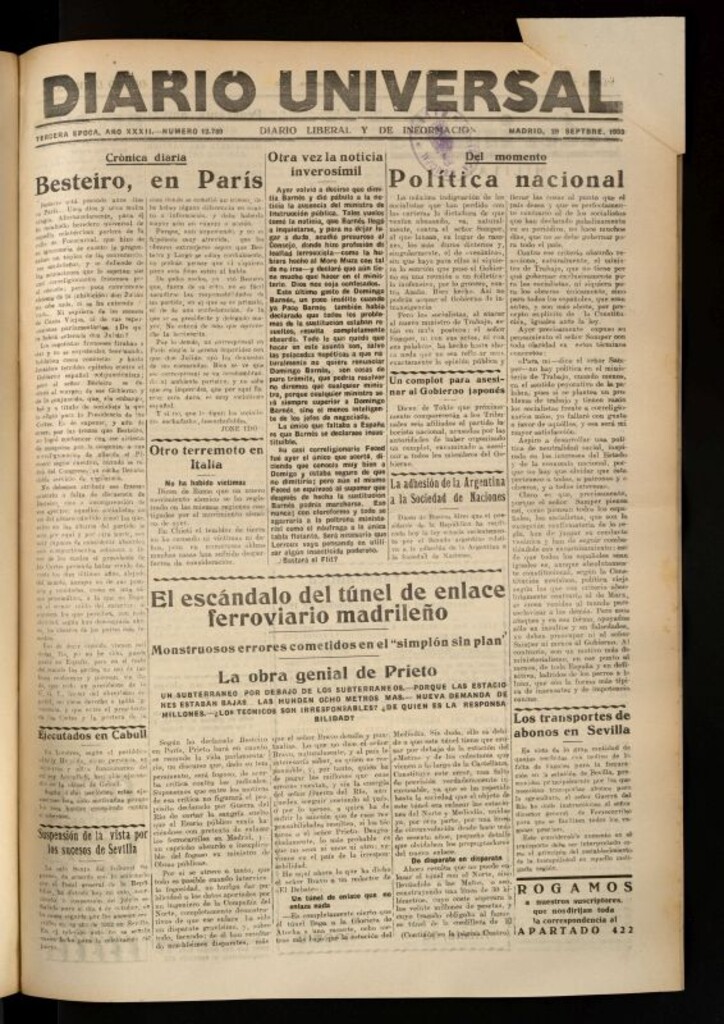 Miniatura de Diario Universal del 29 de septiembre de 1933