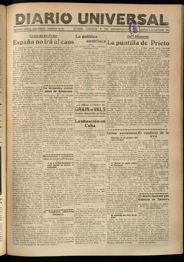 Miniatura de Diario Universal del 3 de octubre de 1933
