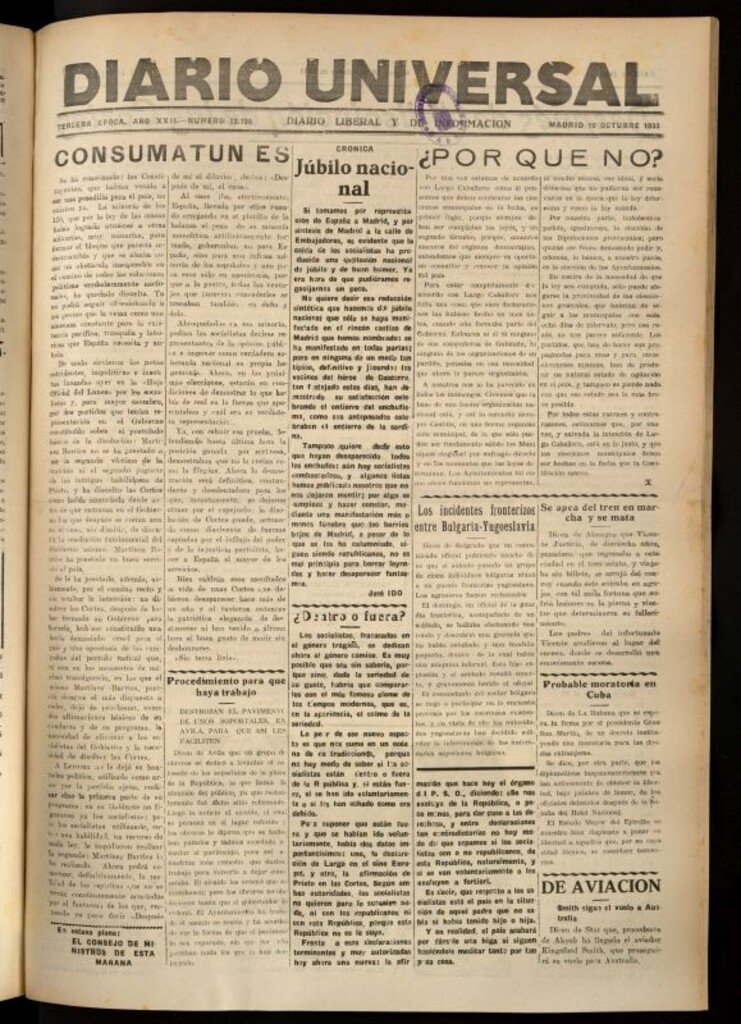 Miniatura de Diario Universal del 10 de octubre de 1933