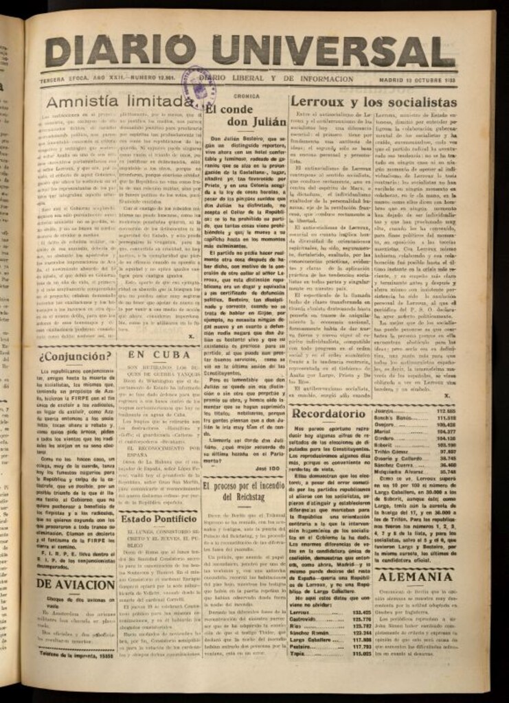 Miniatura de Diario Universal del 13 de octubre de 1933