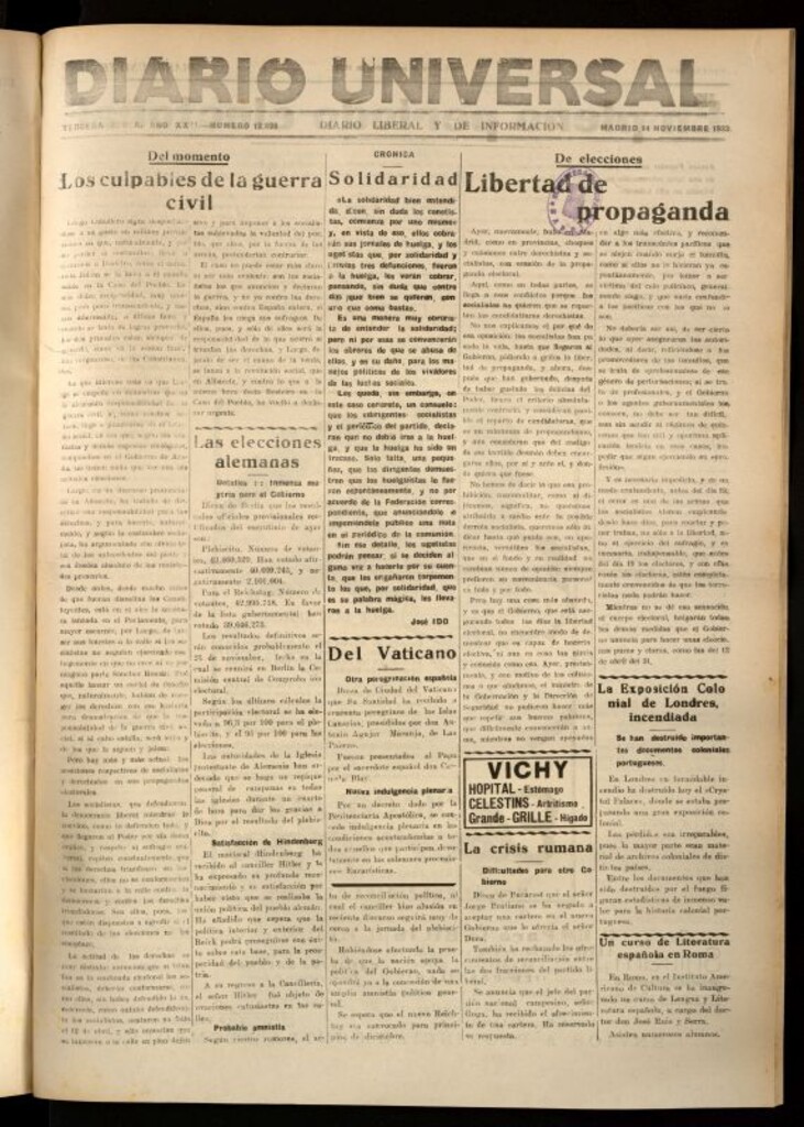 Miniatura de Diario Universal del 14 de noviembre de 1933
