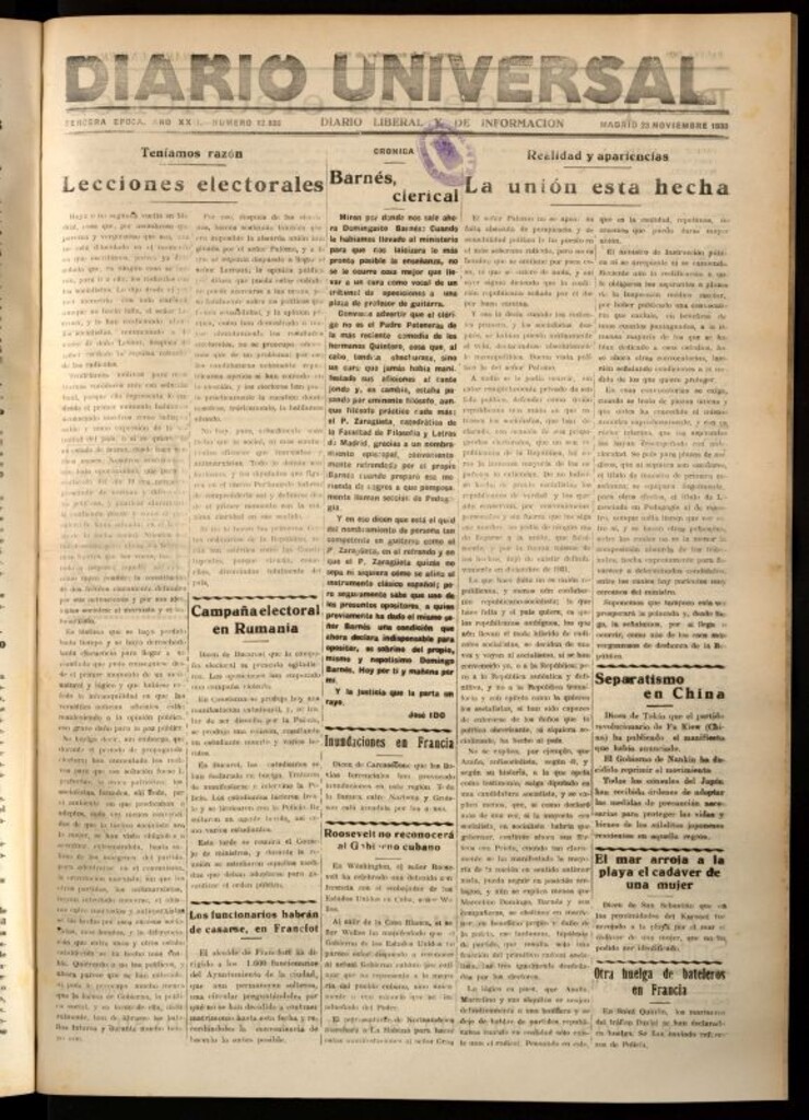 Miniatura de Diario Universal del 23 de noviembre de 1933