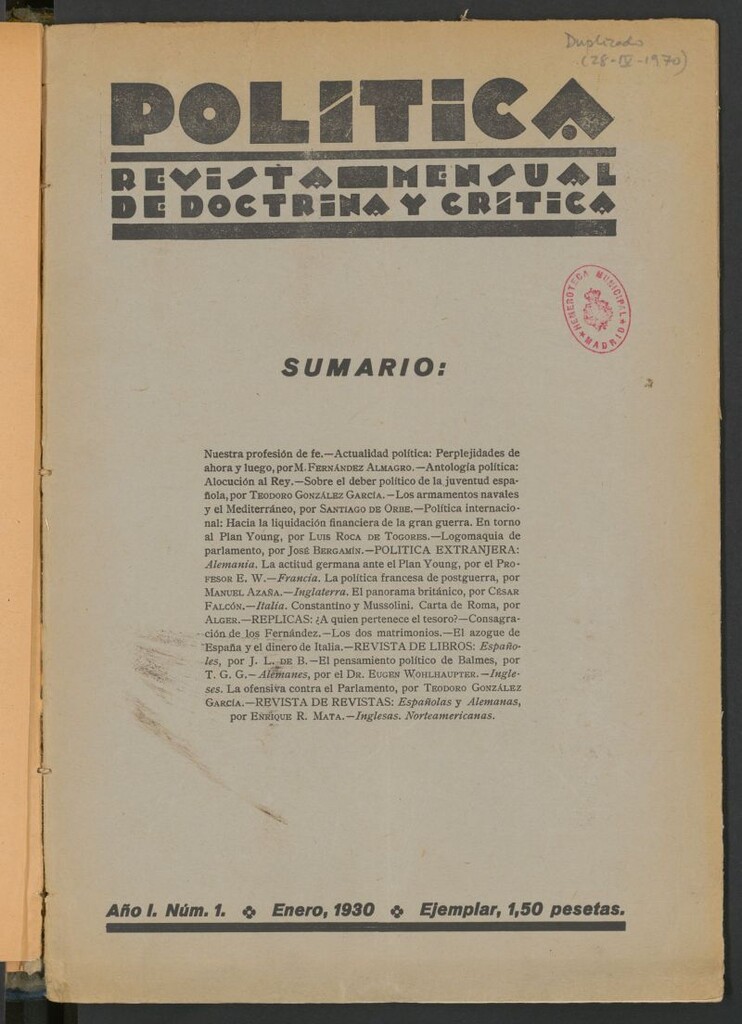 Miniatura de Política: revista mensual de doctrina y crítica