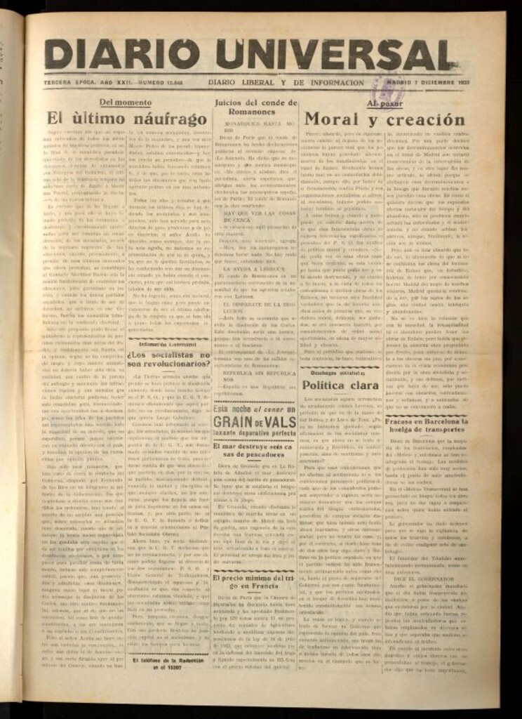 Miniatura de Diario Universal del 7 de diciembre de 1933
