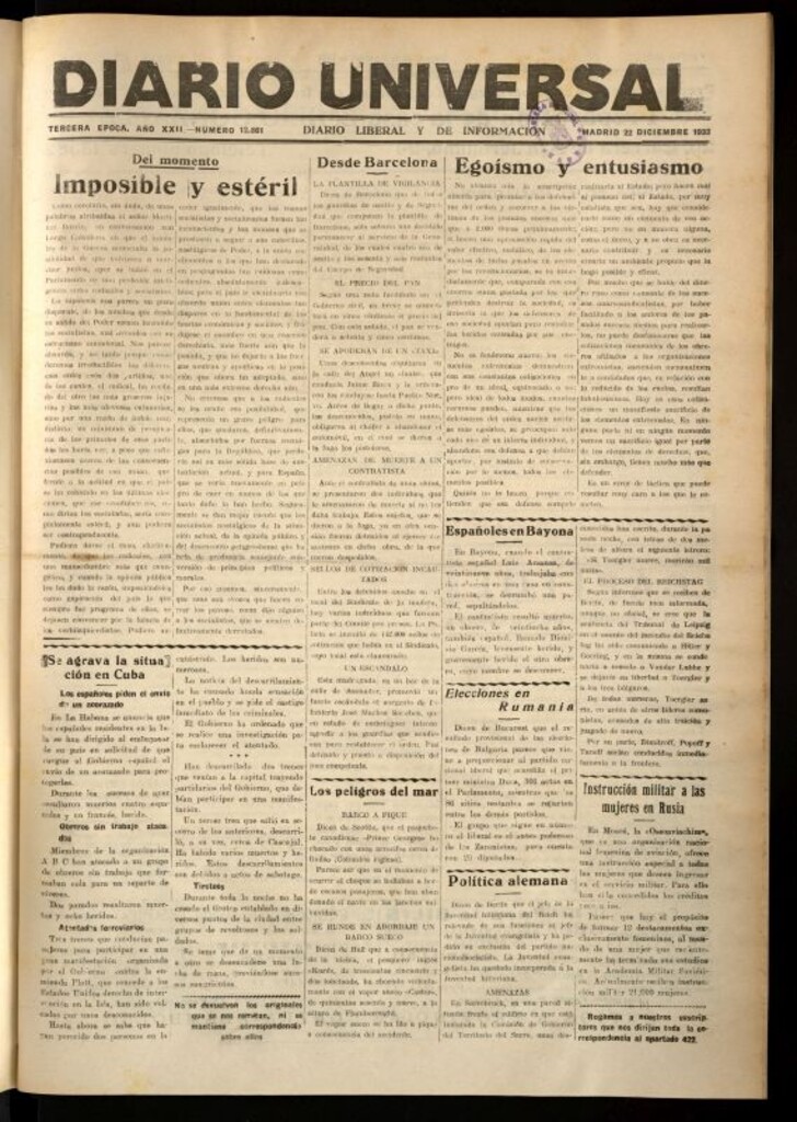 Miniatura de Diario Universal del 22 de diciembre de 1933