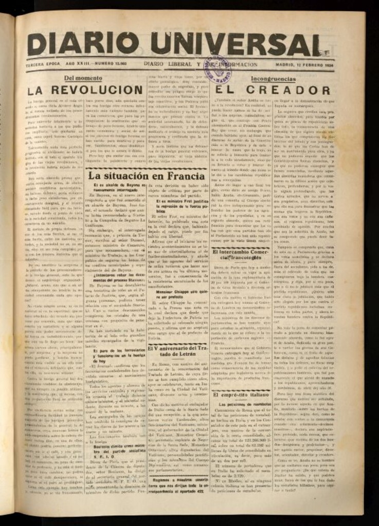 Miniatura de Diario Universal del 12 de febrero de 1934