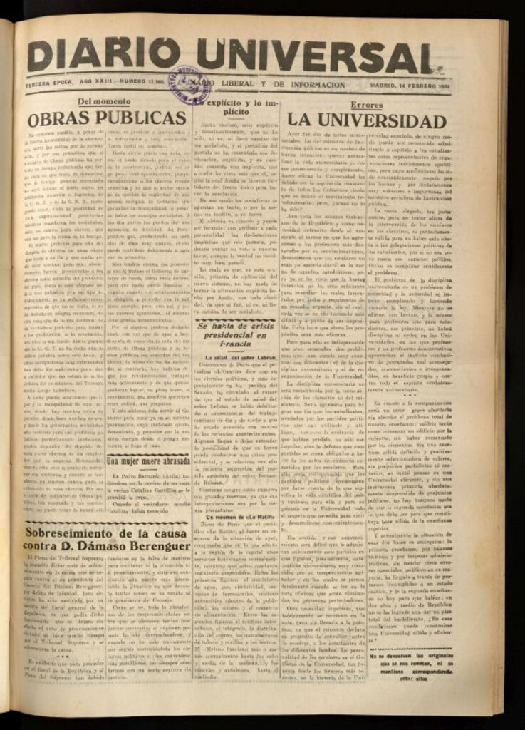 Miniatura de Diario Universal del 14 de febrero de 1934