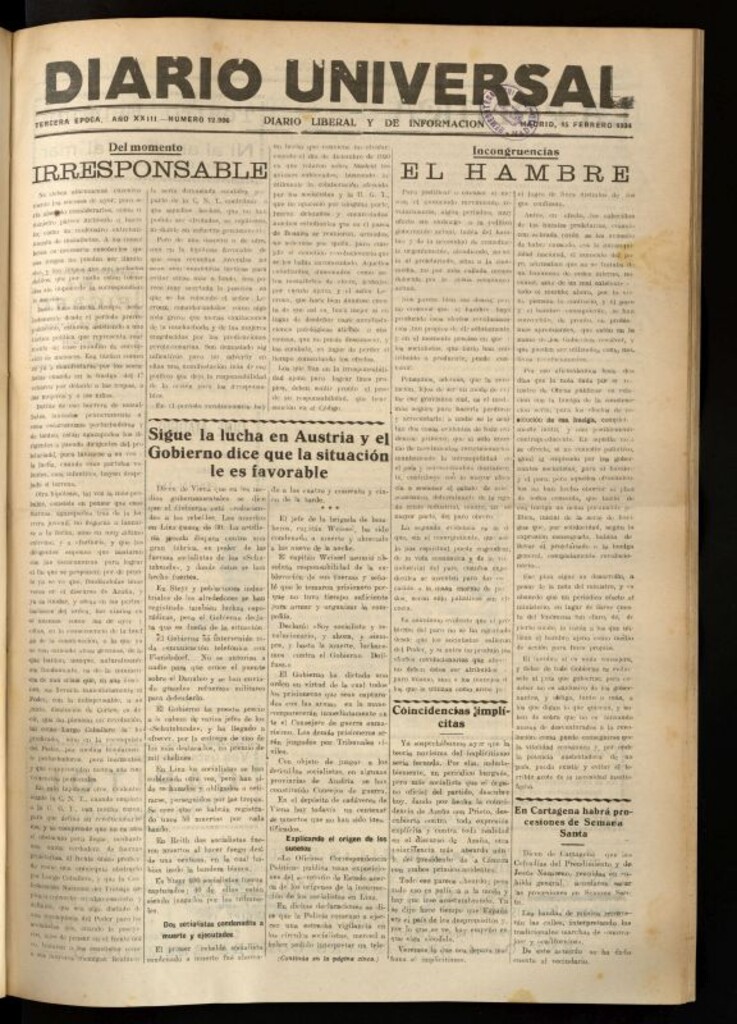 Miniatura de Diario Universal del 15 de febrero de 1934