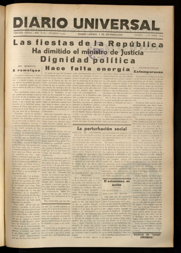 Miniatura de Diario Universal del 14 de abril de 1934