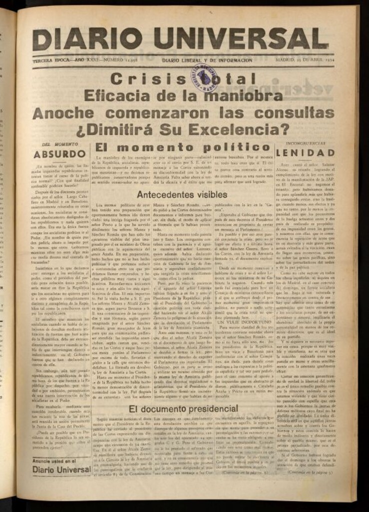 Miniatura de Diario Universal del 25 de abril de 1934