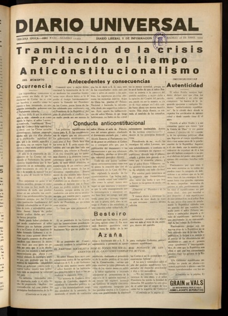 Miniatura de Diario Universal del 26 de abril de 1934