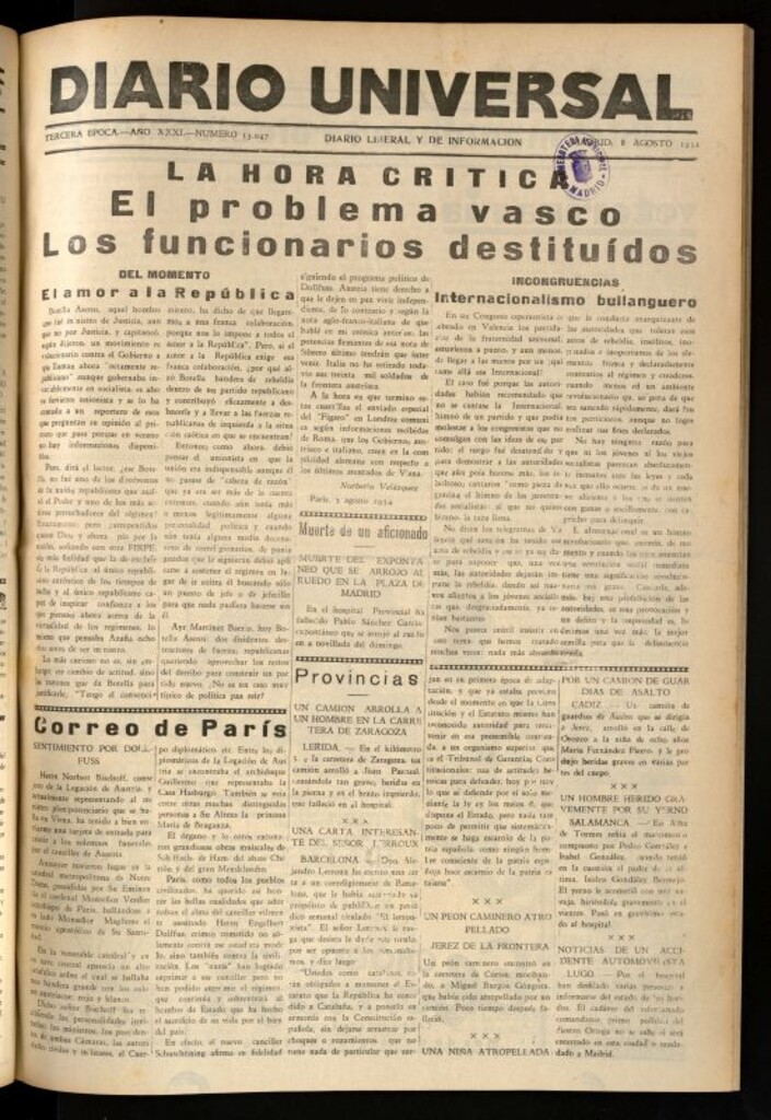 Miniatura de Diario Universal del 8 de agosto de 1934