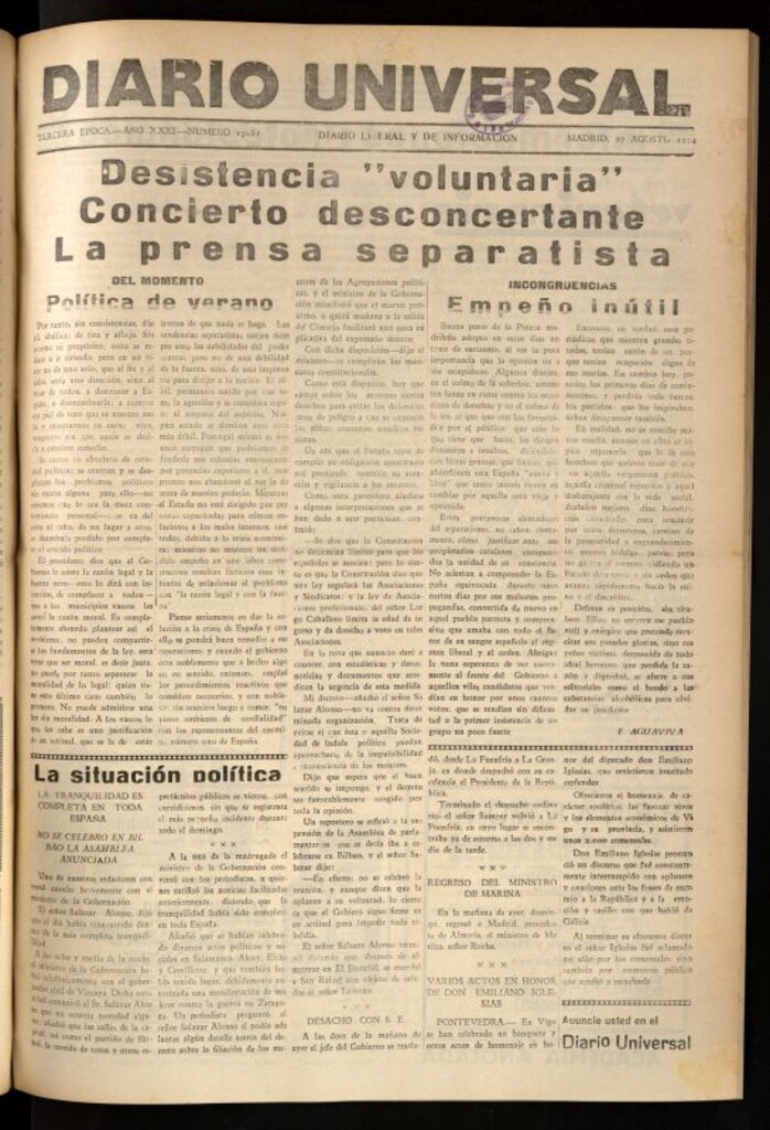 Miniatura de Diario Universal del 27 de agosto de 1934