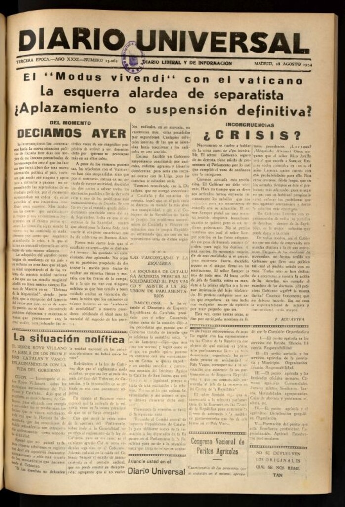 Miniatura de Diario Universal del 28 de agosto de 1934