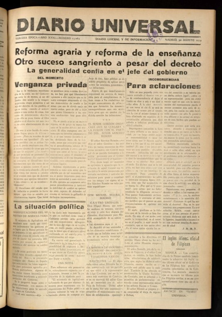 Miniatura de Diario Universal del 30 de agosto de 1934
