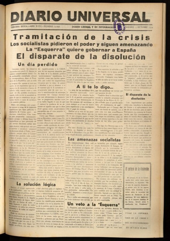 Miniatura de Diario Universal del 3 de octubre de 1934