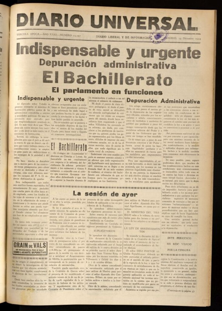 Miniatura de Diario Universal del 19 de diciembre de 1934