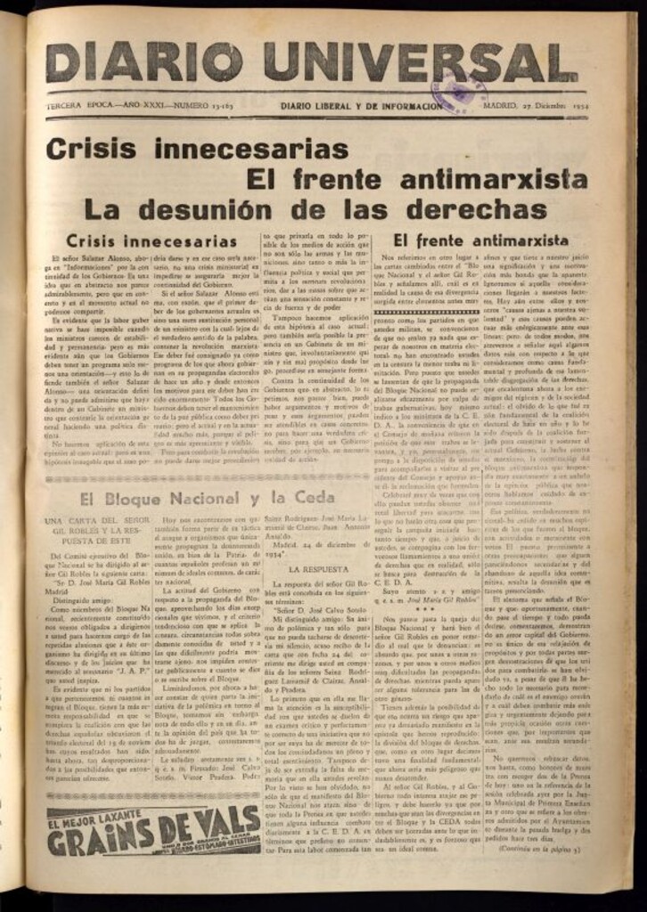 Miniatura de Diario Universal del 27 de diciembre de 1934