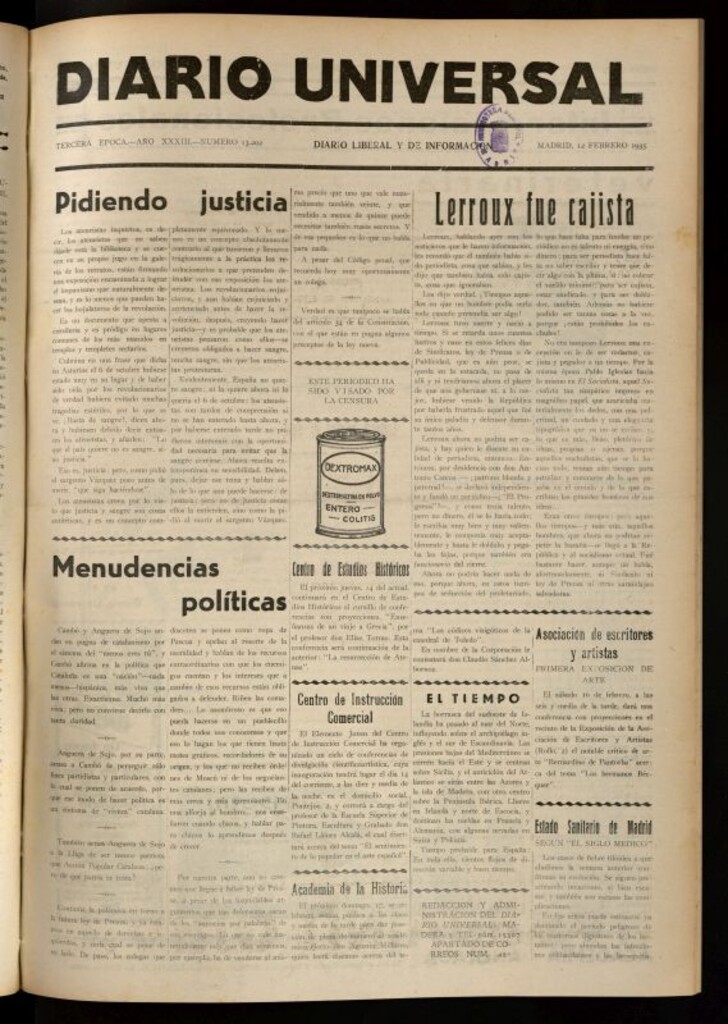 Miniatura de Diario Universal del 12 de febrero de 1935