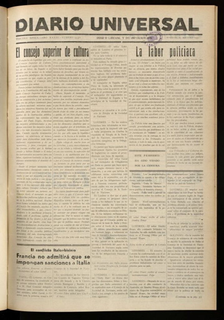 Miniatura de Diario Universal del 29 de agosto de 1935