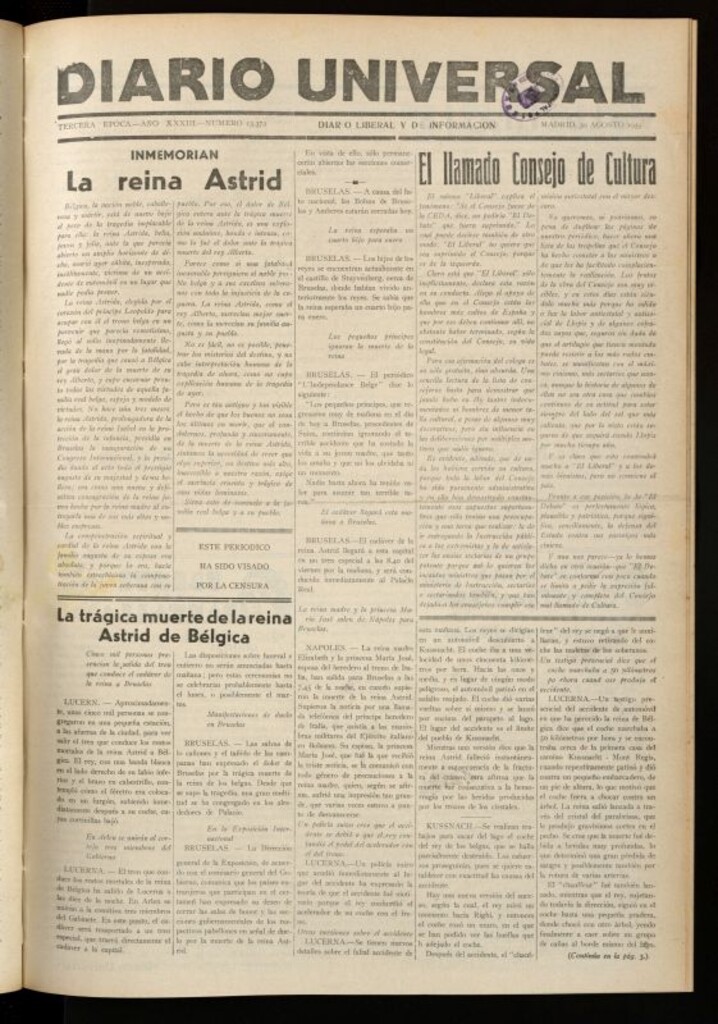 Miniatura de Diario Universal del 30 de agosto de 1935