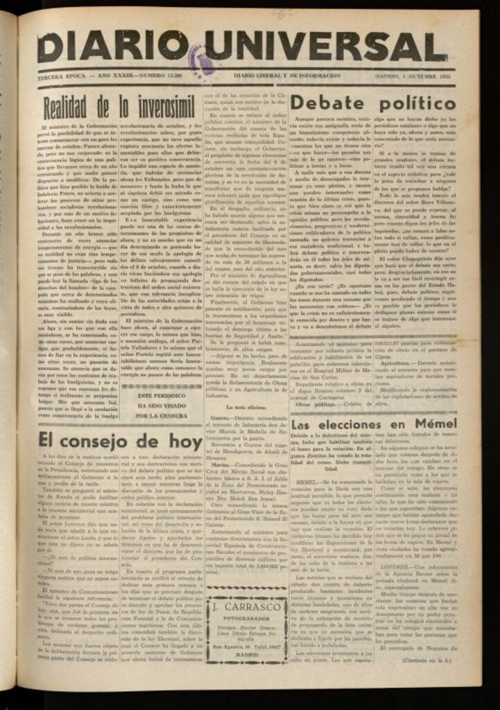Miniatura de Diario Universal del 1 de octubre de 1935