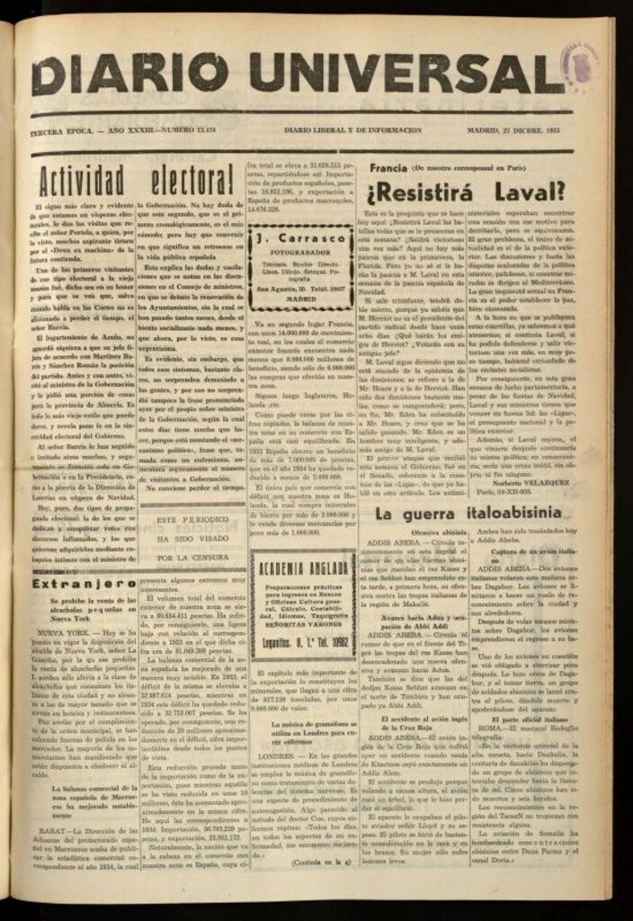Miniatura de Diario Universal del 27 de diciembre de 1935