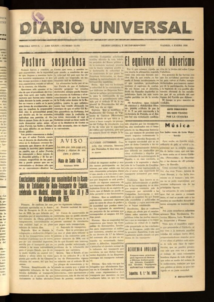 Miniatura de Diario Universal del 4 de enero de 1936