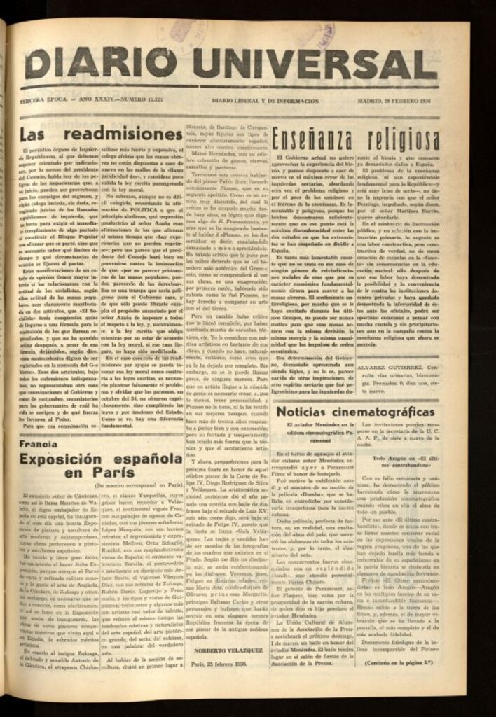 Miniatura de Diario Universal del 29 de febrero de 1936