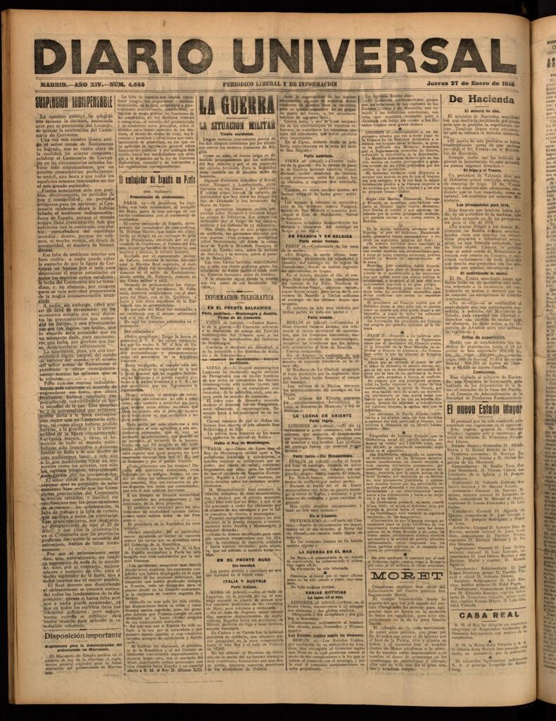 Miniatura de Diario Universal del 27 de enero de 1916