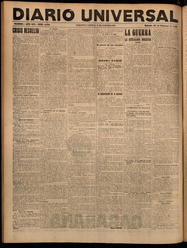 Miniatura de Diario Universal del 26 de febrero de 1916