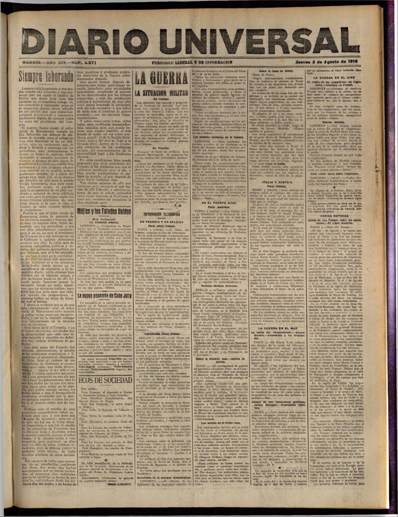 Miniatura de Diario Universal del 3 de agosto de 1916