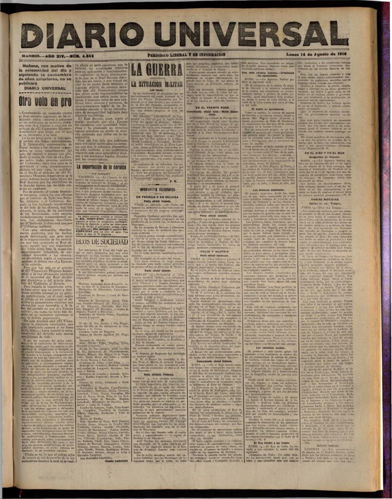 Miniatura de Diario Universal del 14 de agosto de 1916