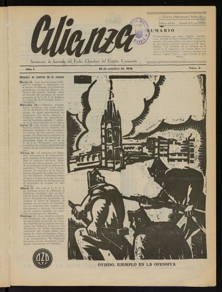 Miniatura de Alianza: semanario barriada Chamberí Partido Comunista del 20 de octubre de 1936