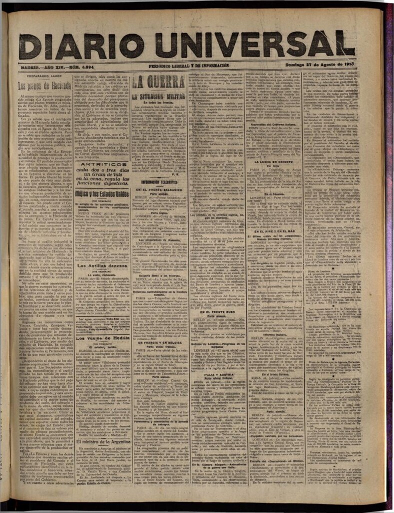 Miniatura de Diario Universal del 27 de agosto de 1916