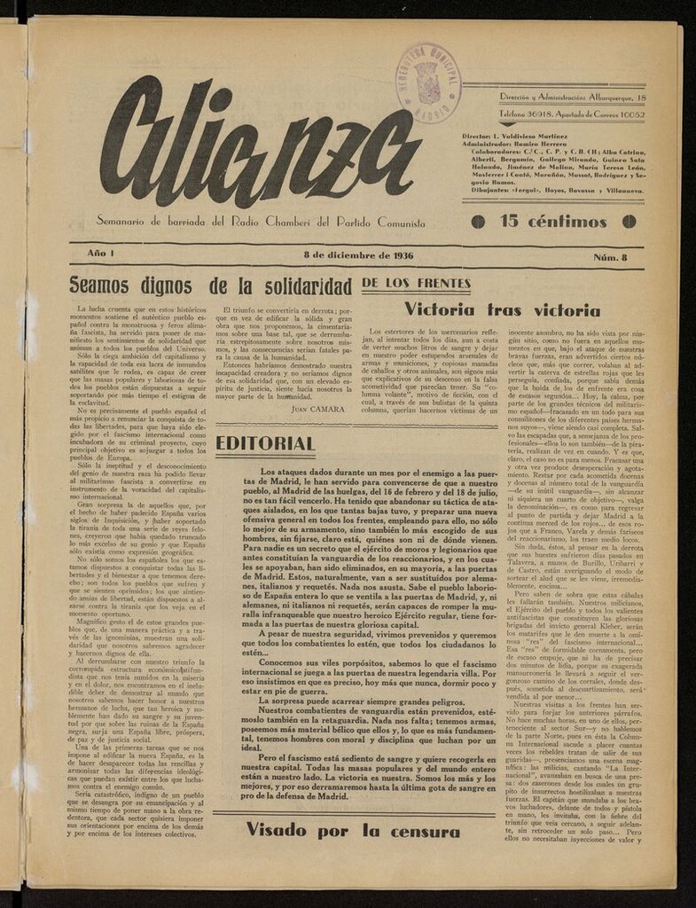 Miniatura de Alianza: semanario barriada Chamberí Partido Comunista del 8 de diciembre de 1936