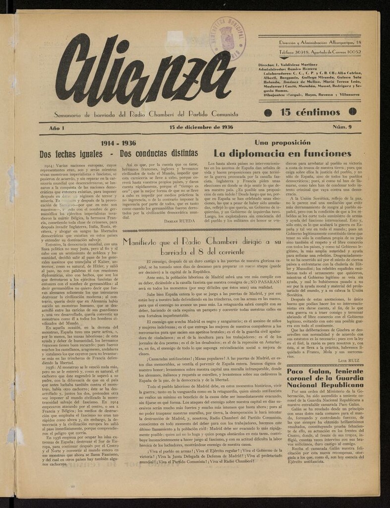 Miniatura de Alianza: semanario barriada Chamberí Partido Comunista del 15 de diciembre de 1936