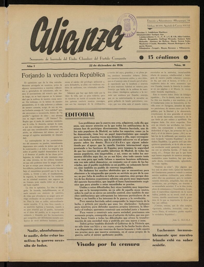 Miniatura de Alianza: semanario barriada Chamberí Partido Comunista del 22 de diciembre de 1936