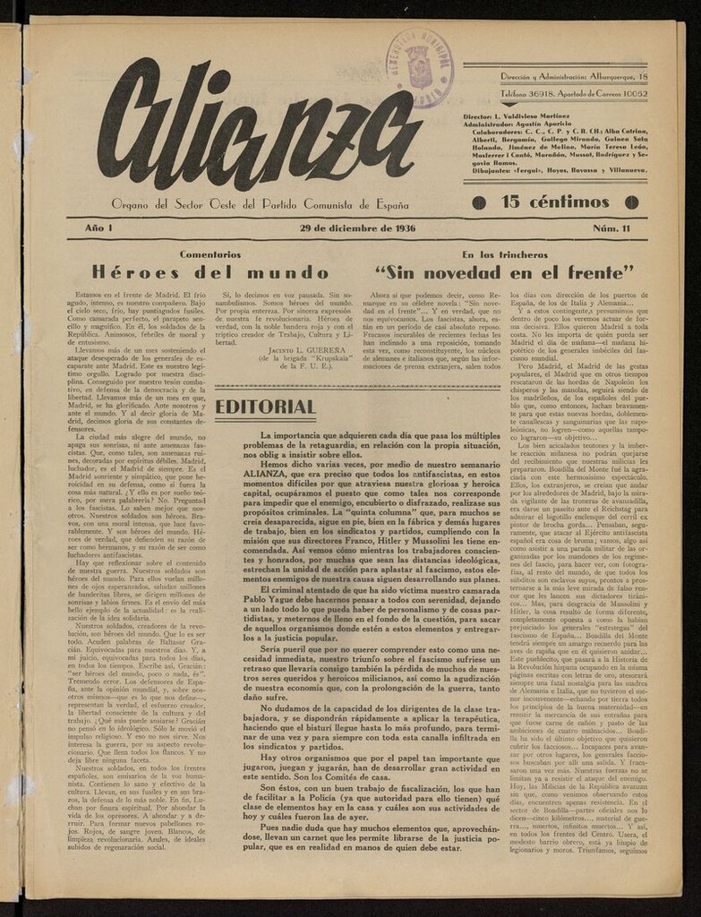 Miniatura de Alianza: semanario barriada Chamberí Partido Comunista del 29 de diciembre de 1936