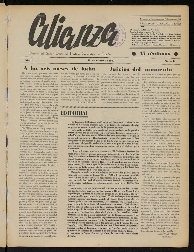 Miniatura de Alianza: semanario barriada Chamberí Partido Comunista del 19 de enero de 1937