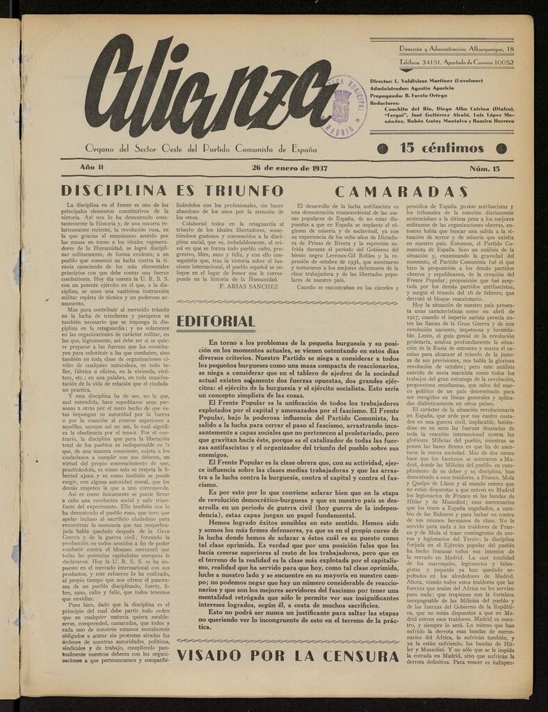 Miniatura de Alianza: semanario barriada Chamberí Partido Comunista del 26 de enero de 1937