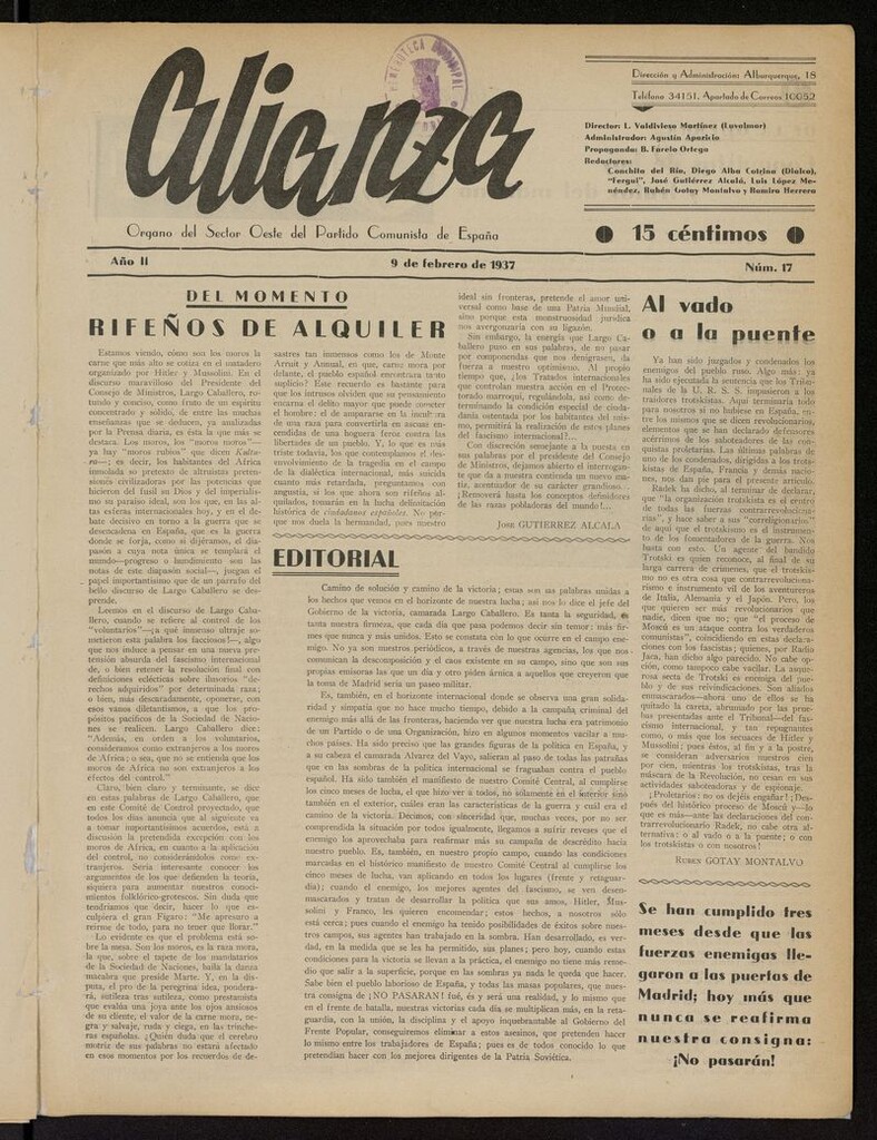 Miniatura de Alianza: semanario barriada Chamberí Partido Comunista del 9 de febrero de 1937