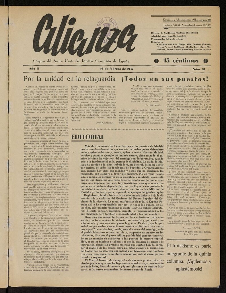 Miniatura de Alianza: semanario barriada Chamberí Partido Comunista del 16 de febrero de 1937