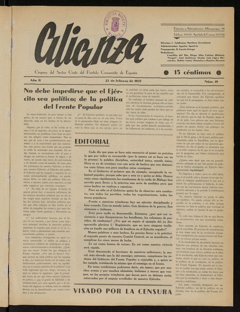 Miniatura de Alianza: semanario barriada Chamberí Partido Comunista del 23 de febrero de 1937