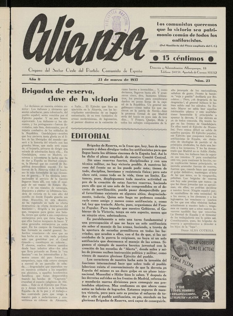 Miniatura de Alianza: semanario barriada Chamberí Partido Comunista del 23 de marzo de 1937