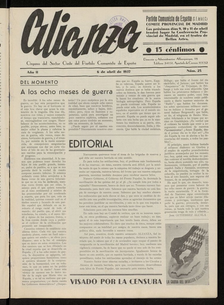 Miniatura de Alianza: semanario barriada Chamberí Partido Comunista del 6 de abril de 1937